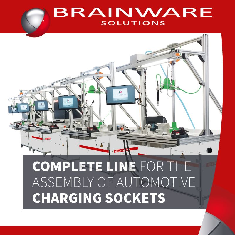 Complete assembly line for assembling vehicle charging sockets for electric cars