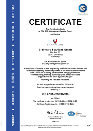Brainware Solutions GmbH – Certified quality management system according to DIN EN ISO 9001:2015