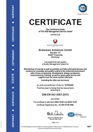 Brainware Solutions GmbH - Certificate DIN EN ISO 9001:2015